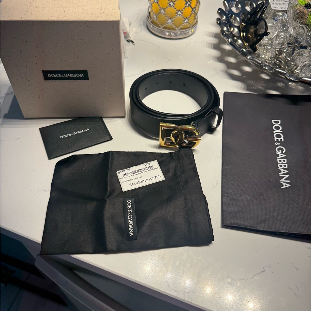 Dolce & Gabbana Black Leather Belt with Gold Buckle